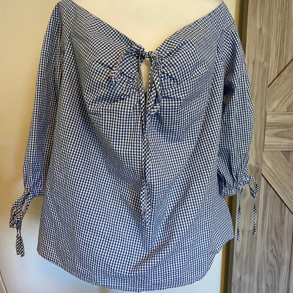 Lumiere Blue and white check top off the shoulder